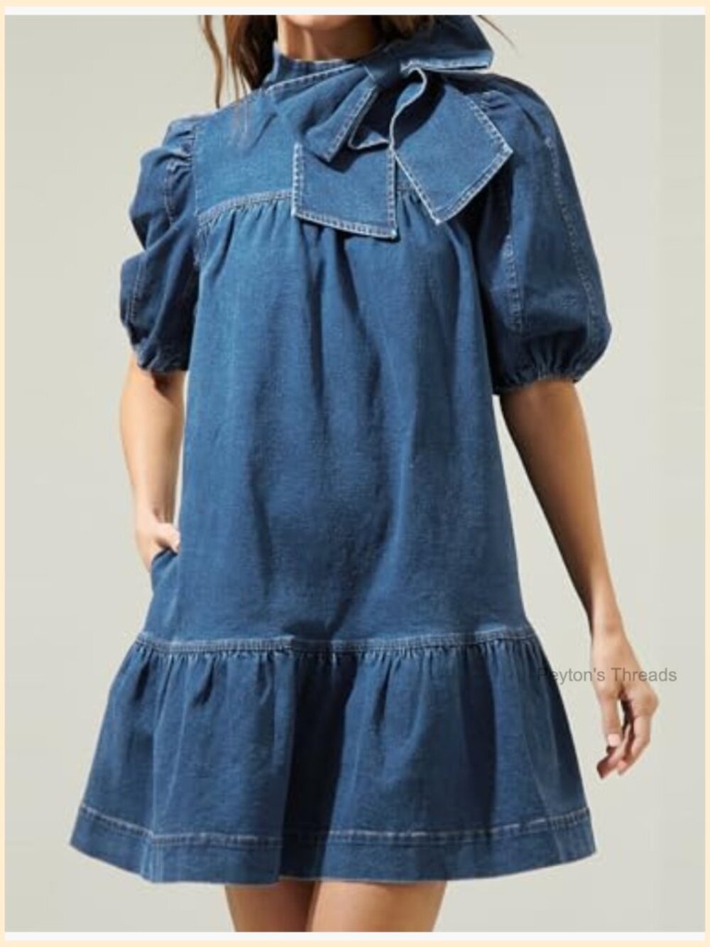 Puff Short Sleeve Denim Dress Mock Neck Babydoll Shift Dress with Bow - Picture 4 of 7